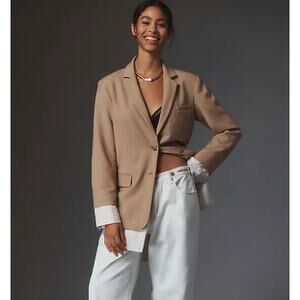 Anthropologie Maeve The Bennet Twofer Blazer Striped Shirttail Hem Jacket Tan